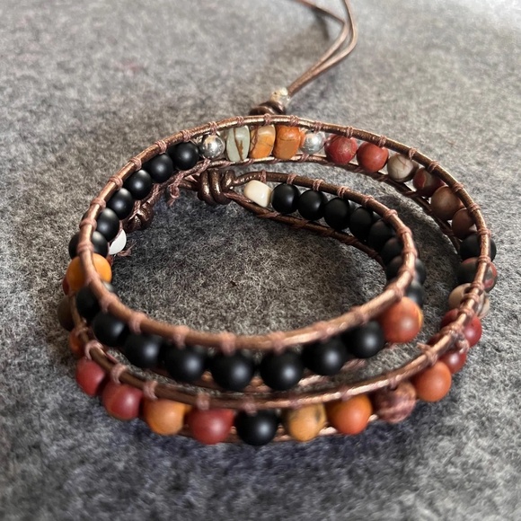 Double Wrap Leather Bracelet - Red Creek Jasper, Black Onyx, Sterling Silver - Picture 7 of 8